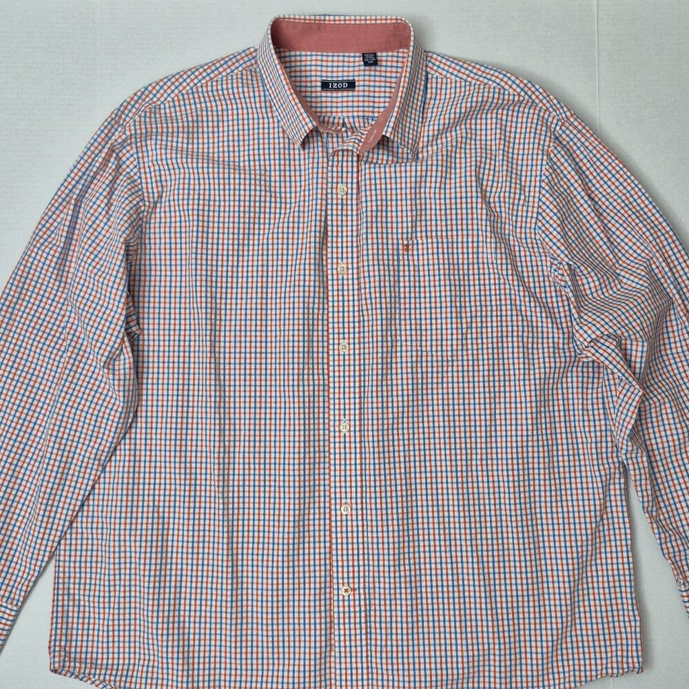 IZOD Blue Orange Plaid Long Sleeve Button Down Shirt 100% Cotton Size 2XL